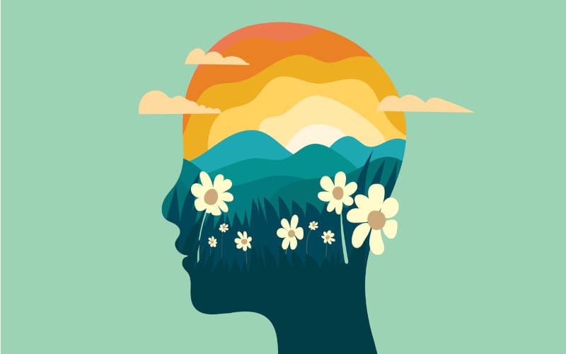 A digital image of a head with flowers floating around it, the cover image for an article titled "Mental Health Recovery Isn't Linear and That's Okay."