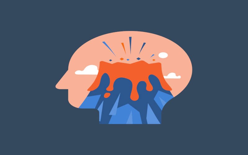 A cartoon image of a head with a volcano inside of it, symbolizing strong emotional triggers that could lead to relapse.
