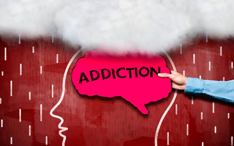 A drawing of the brain with addiction written on it.