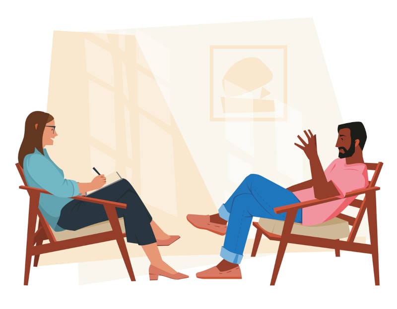 A cartoon man in a therapy session learning about the difference between physical dependence and addiction.